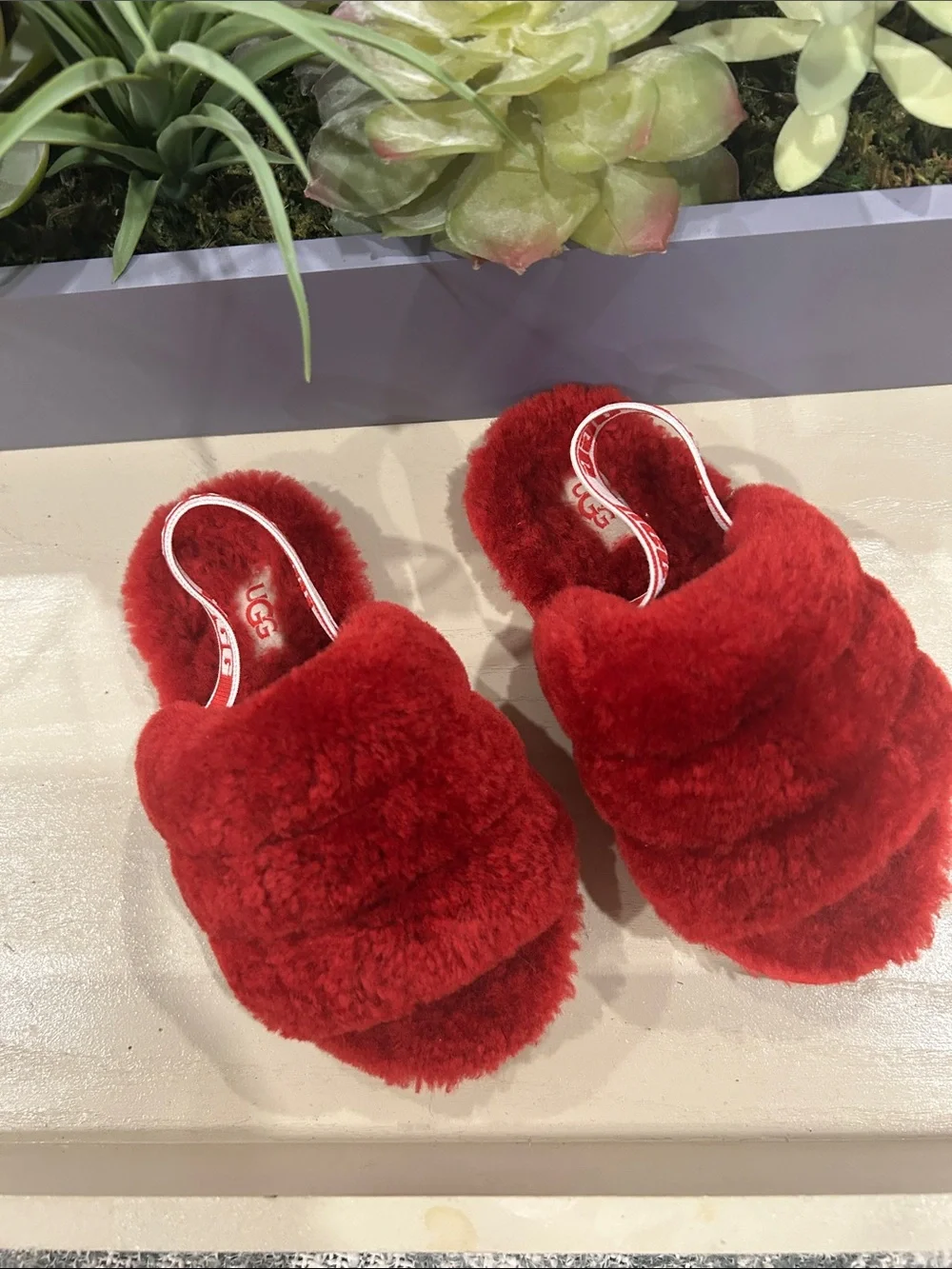 UGG Plush Slide Slippers in Red